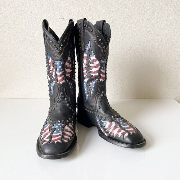 Lane OLD GLORY Mens Cowboy Boots 9 Square Toe Black Leather Biker Boots Western - Picture 2 of 14